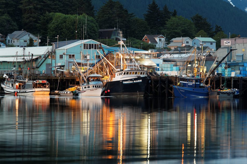 Fishing boats at dock in Sitka Harbor, Alaska, USA