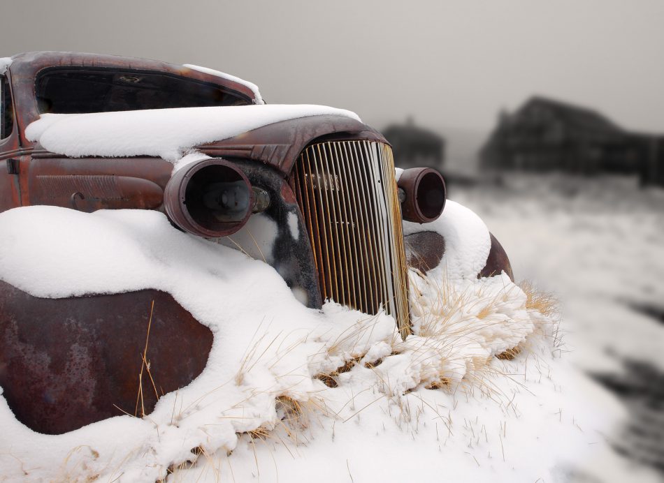 1937 vintage Chevrolet master deluxe coupe covered in snow, Bodie State Historic Park, California, USA