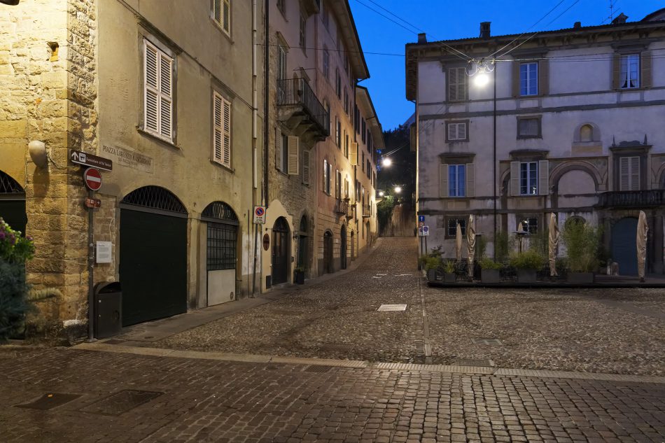 Empty streets of Bergamo, Italy at night on February 21, 2020 during caronavirus outbreak